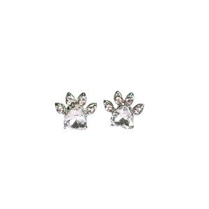 Vintage Y2K Pink Rhinestone Paw Stud Earrings Silver Tone